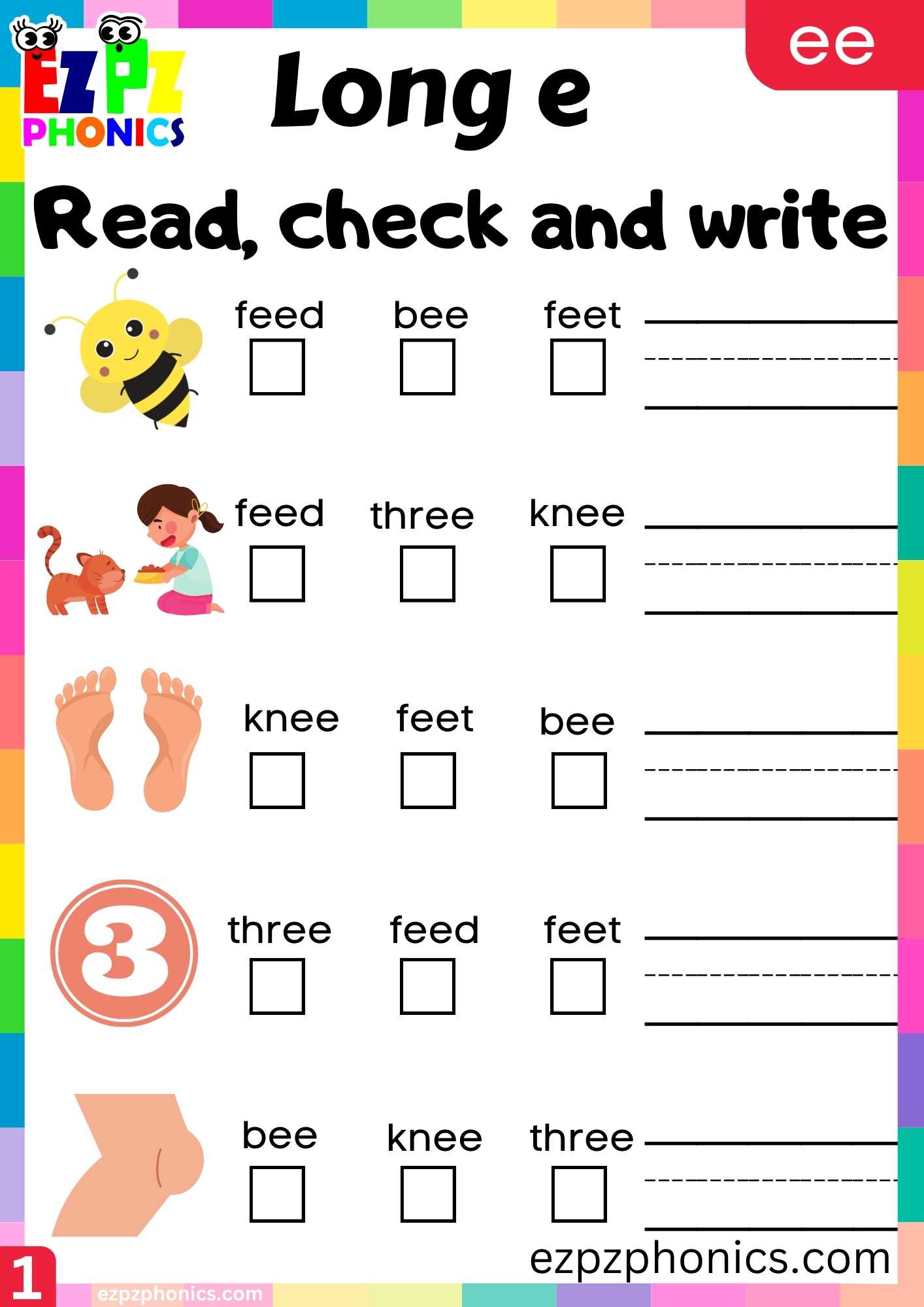 Group1 EE Words Read, Check And Write Long E Phonics Worksheet